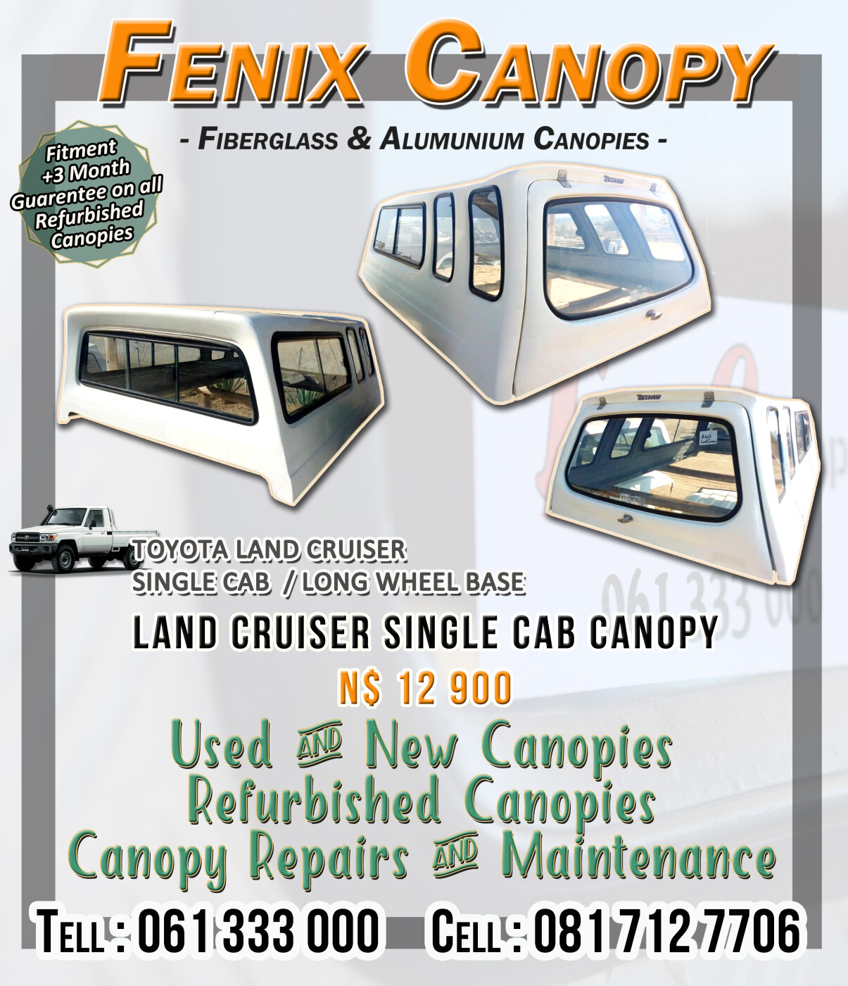 Land Cruiser Single Cab Canopy for sale in Windhoek Canopies